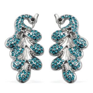 Peacock Earrings Austrian Crystal Blue and Black Silver Rhinestone Sparkle